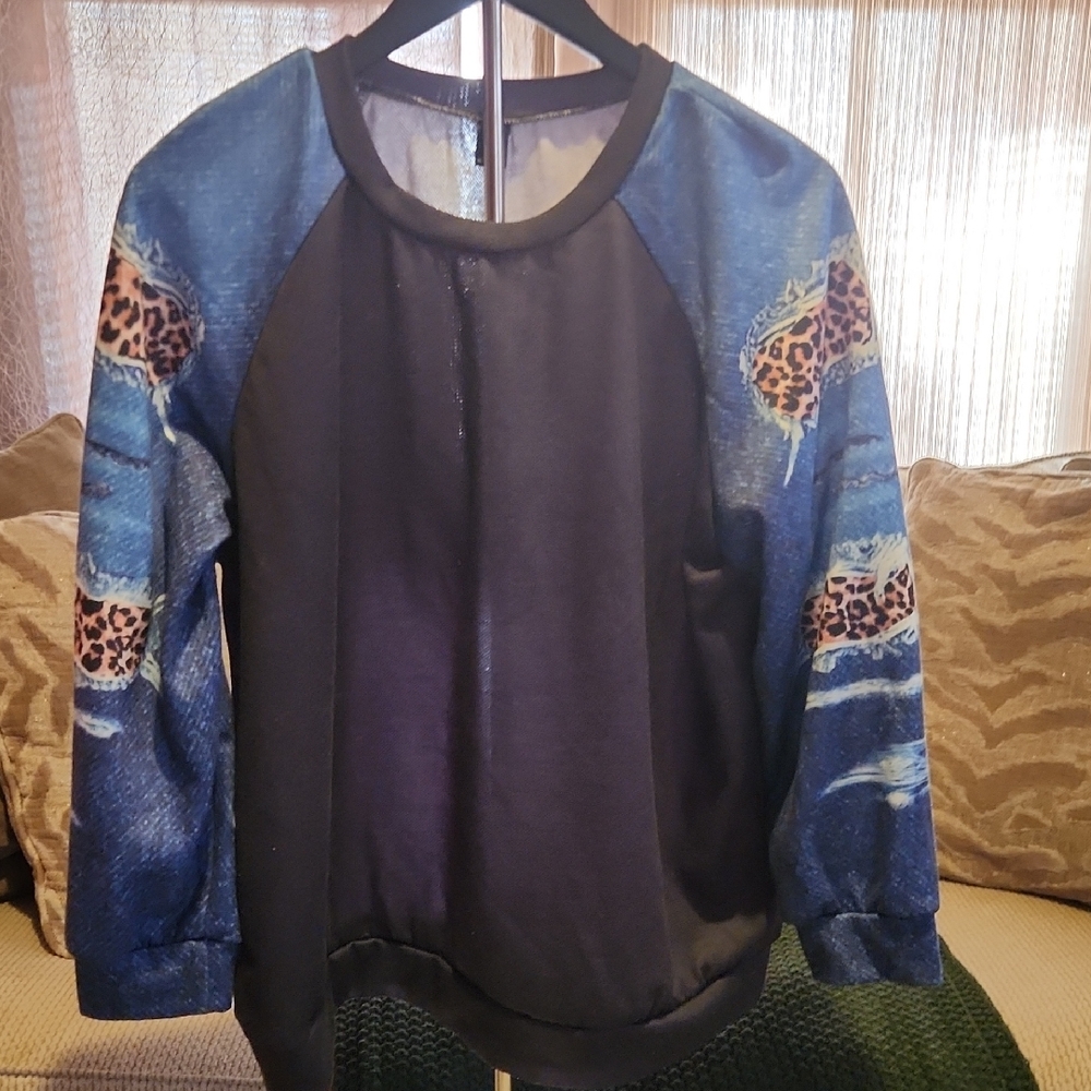 SHEIN Black and Blue Mesh Detail Top